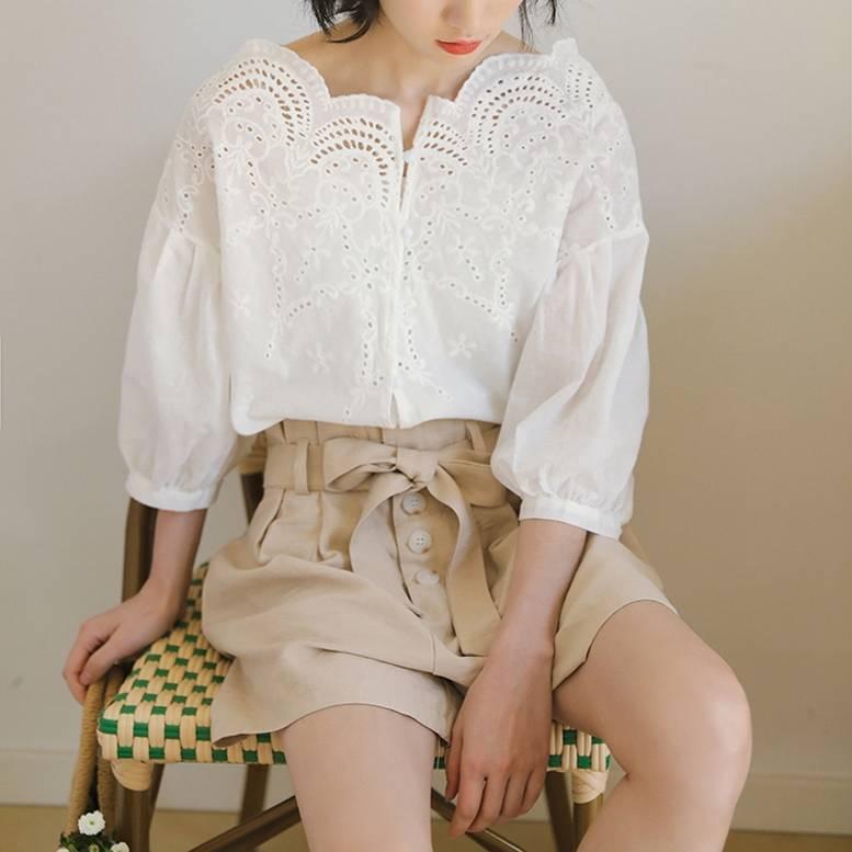 レディース カットワーク刺繍ブラウス カットレースドルマンスリーブ