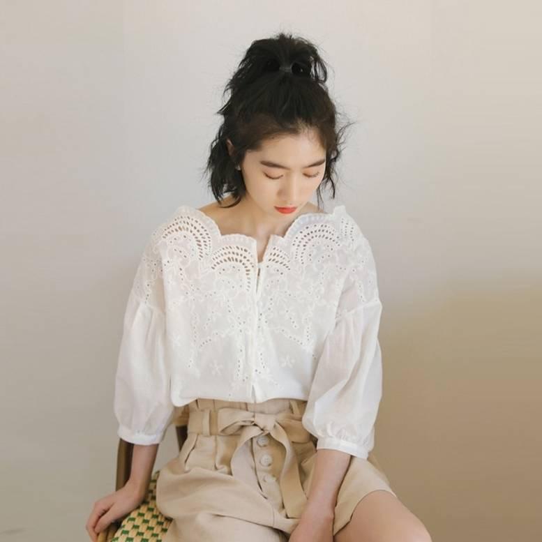 レディース カットワーク刺繍ブラウス カットレースドルマンスリーブ