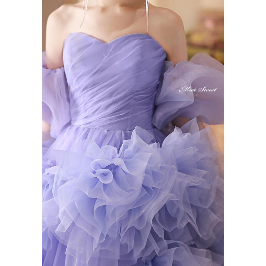 カラードレス 2way つけ袖 プリンセスライン パープル フリル ロング