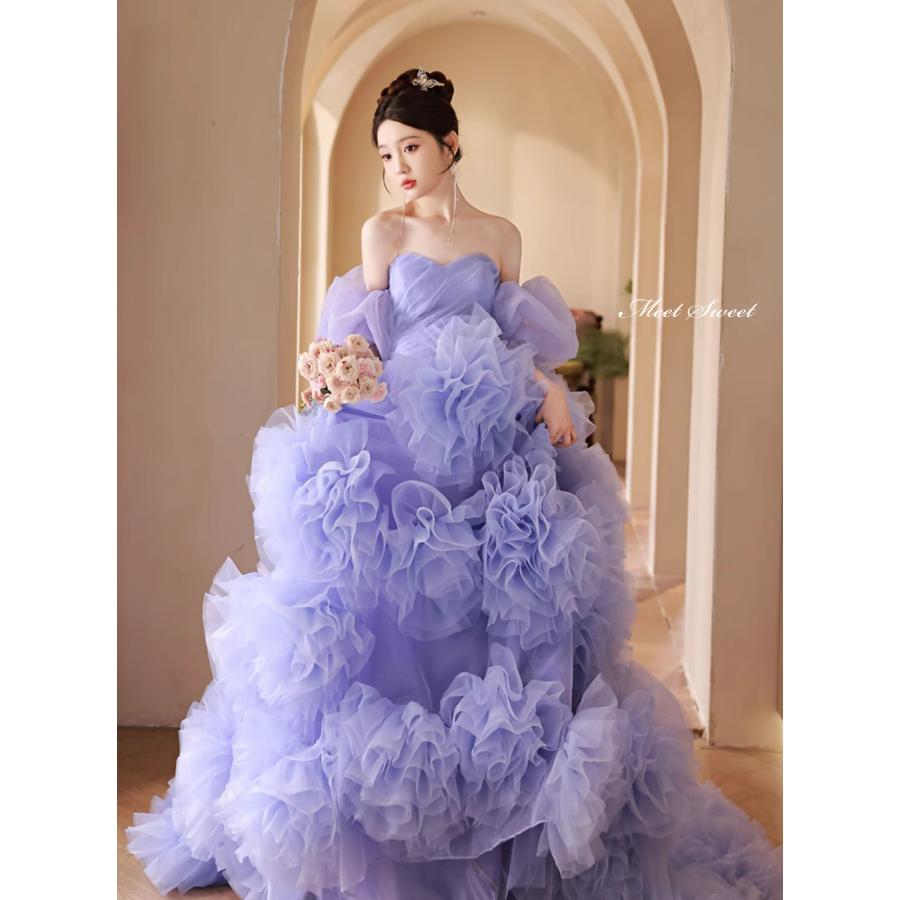 カラードレス 2way つけ袖 プリンセスライン パープル フリル ロング