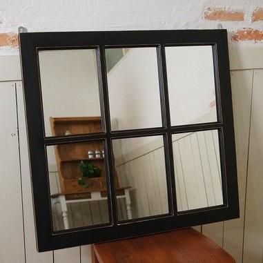 アンティーク調 木製窓枠 鏡 壁掛けミラー シャビー ブラック 6枠 黒艶