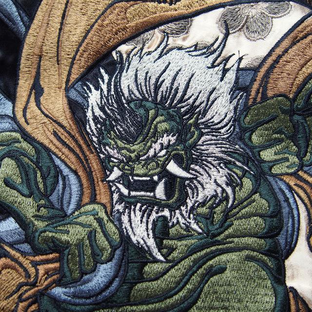 絡繰魂 スカジャン メンズ 粋 新風神雷神 刺繍スカジャン リバーシブル