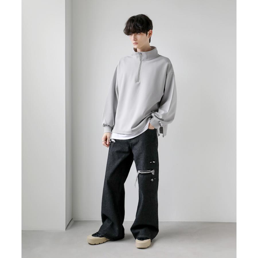 ハーフジップ メンズ コットン ポンチ カットソー S M L XL ブラック