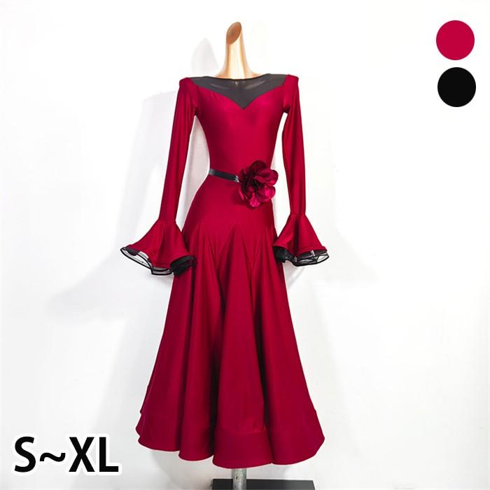 社交ダンスドレス モダンドレス 黒 赤 社交ダンス衣装 社交ダンス 長袖