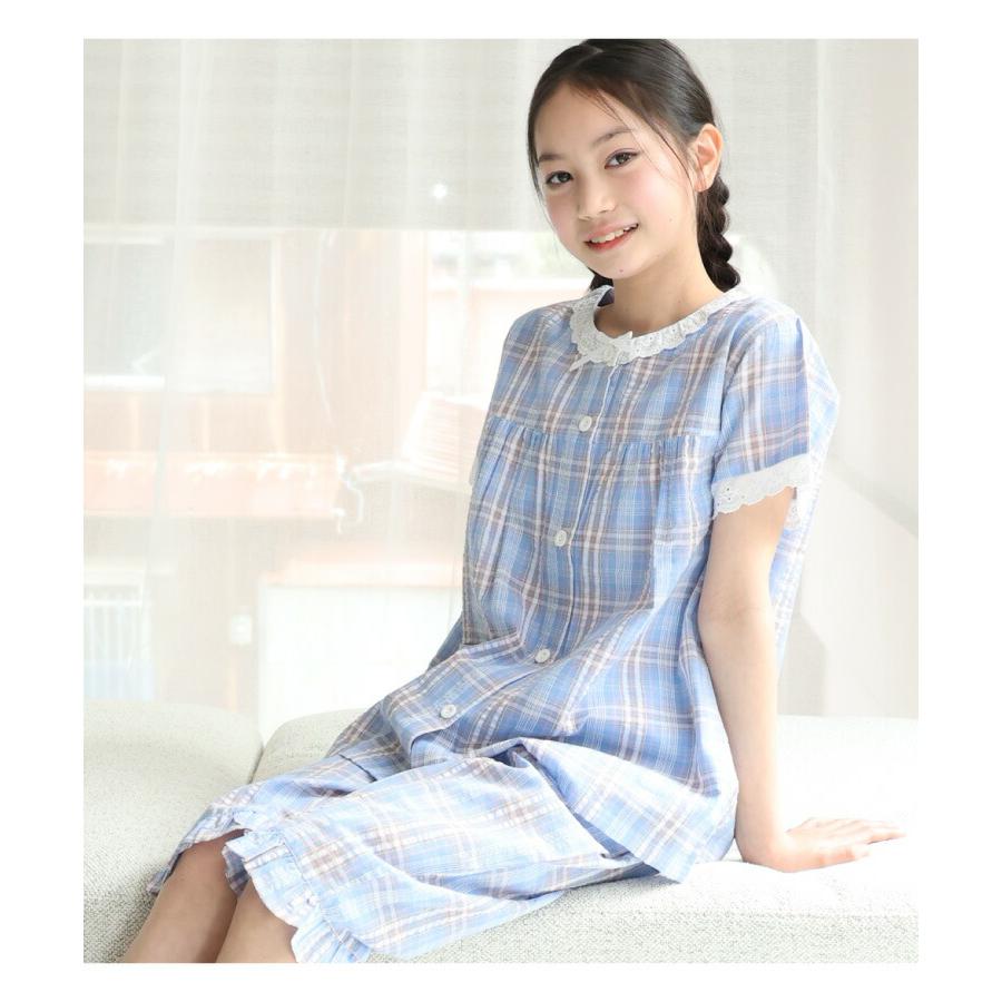 パジャマ キッズ ジュニア 女の子 半袖 綿100％ 前開き サッカー素材