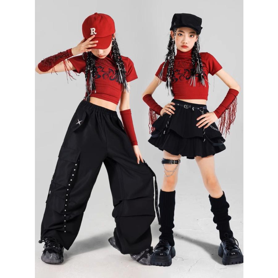 ダンス衣装 キッズ セットアップ 赤 黒 チアダンス ガールズ ヒップ