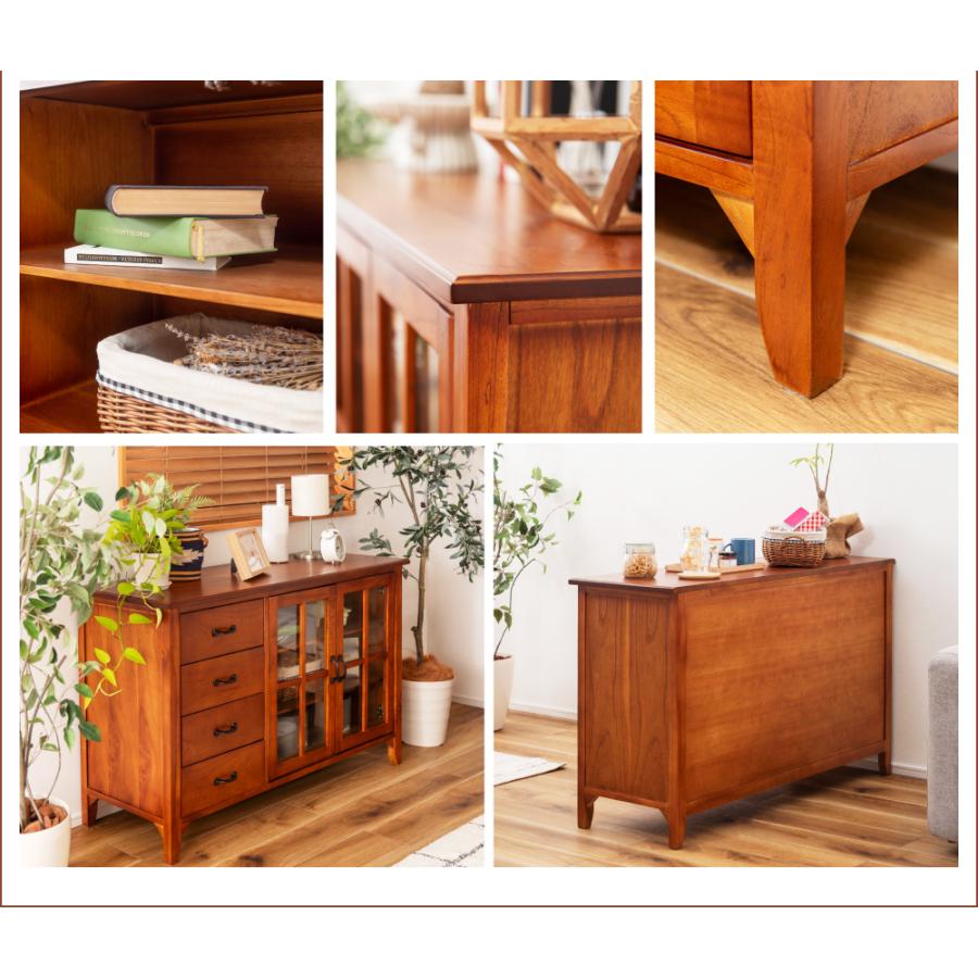 東谷 キャビネット 木製 幅120 引き出し 食器棚 ガラス扉 サイドボード