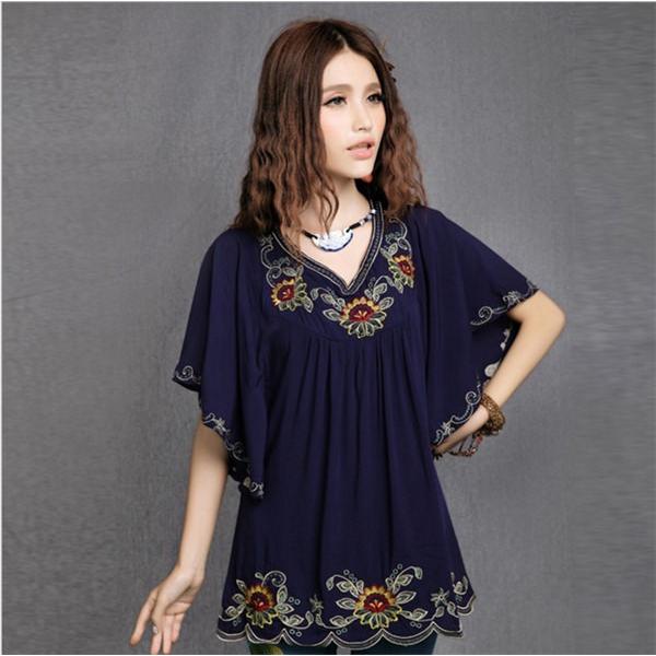 送料無料 刺繍 ブラウス 花柄 チュニック 刺繍ブラウス シャツ 半袖 V