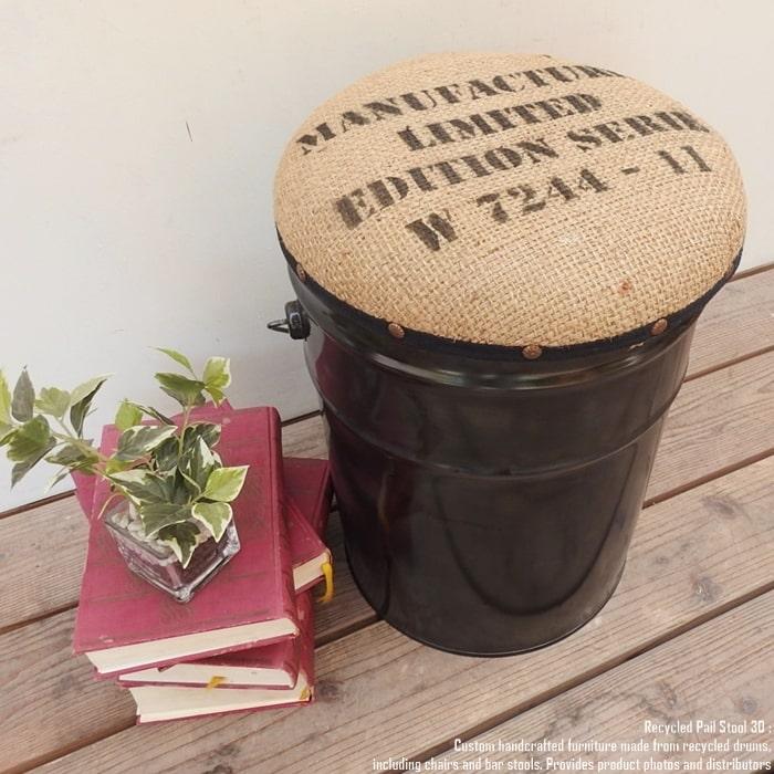 ペール缶スツール クッション付 Black 黒 収納付き椅子 リメイク家具