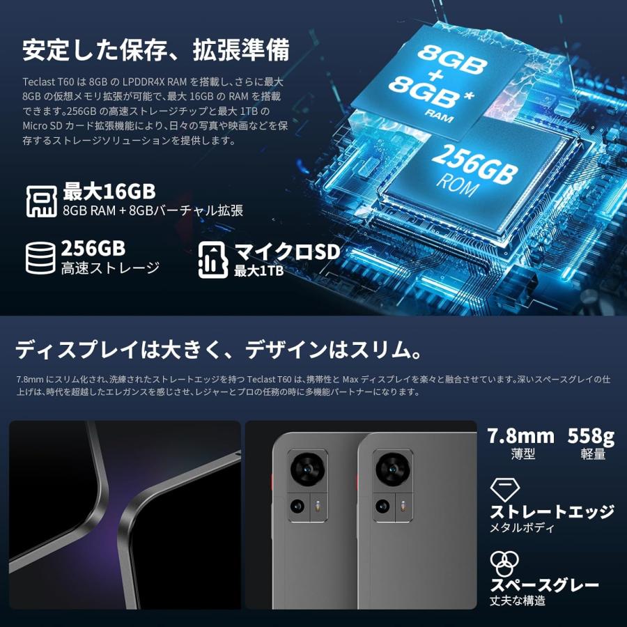 TECLAST TECLAST T60 タブレット 12インチ Android 13 16GB+256GB+1TB