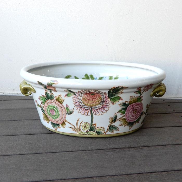 染陶器 楕円魚缶 17.5インチ 水鉢 睡蓮鉢 水盤 すいれん鉢 メダカ鉢