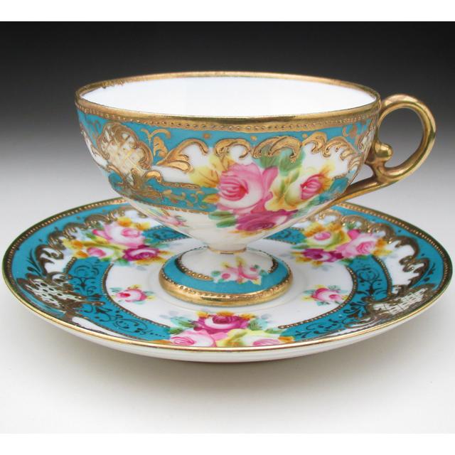 ノリタケ オールドノリタケ ブルー地金盛り薔薇絵 カップ＆ソーサー (a