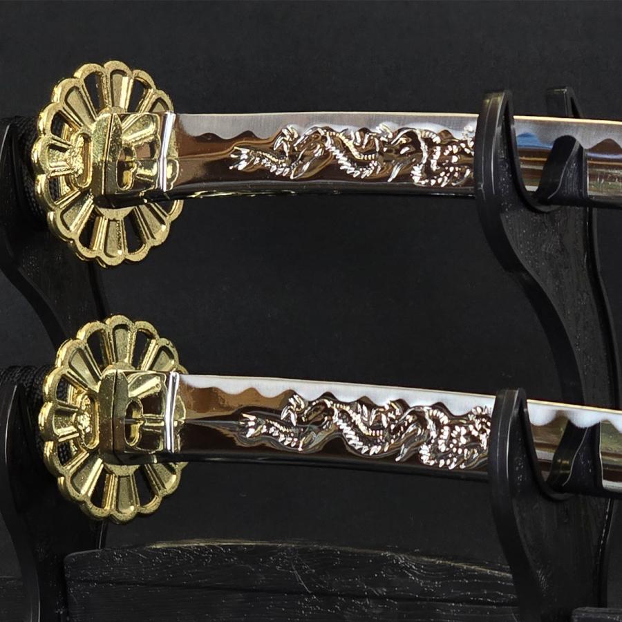 模造刀 ミニミニ竜3点セット 彫金 黒 刀掛台付 刀身竜彫 クリーニング
