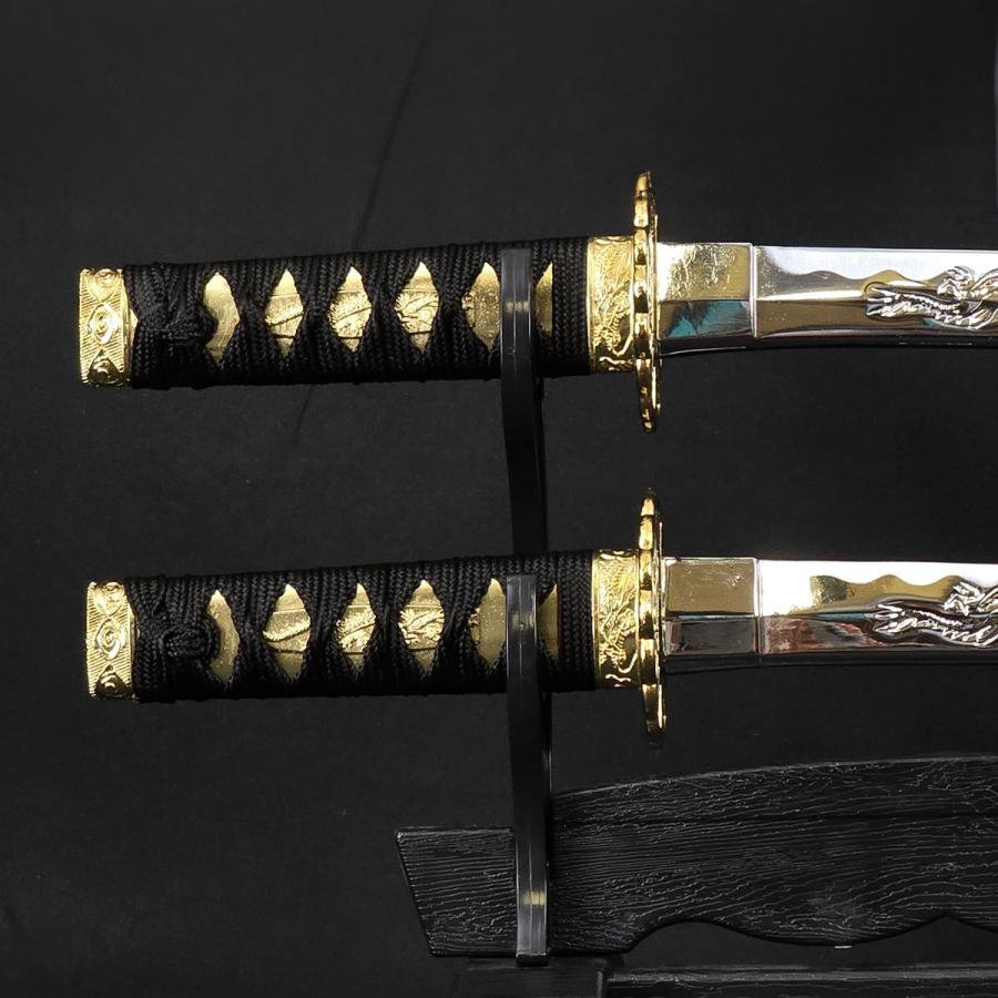 模造刀 ミニミニ竜3点セット 彫金 黒 刀掛台付 刀身竜彫 クリーニング