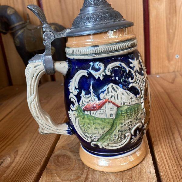 VINTAGE ≫ドイツ製ヴィンテージ*古い錫ピューター蓋付き陶磁製ビア