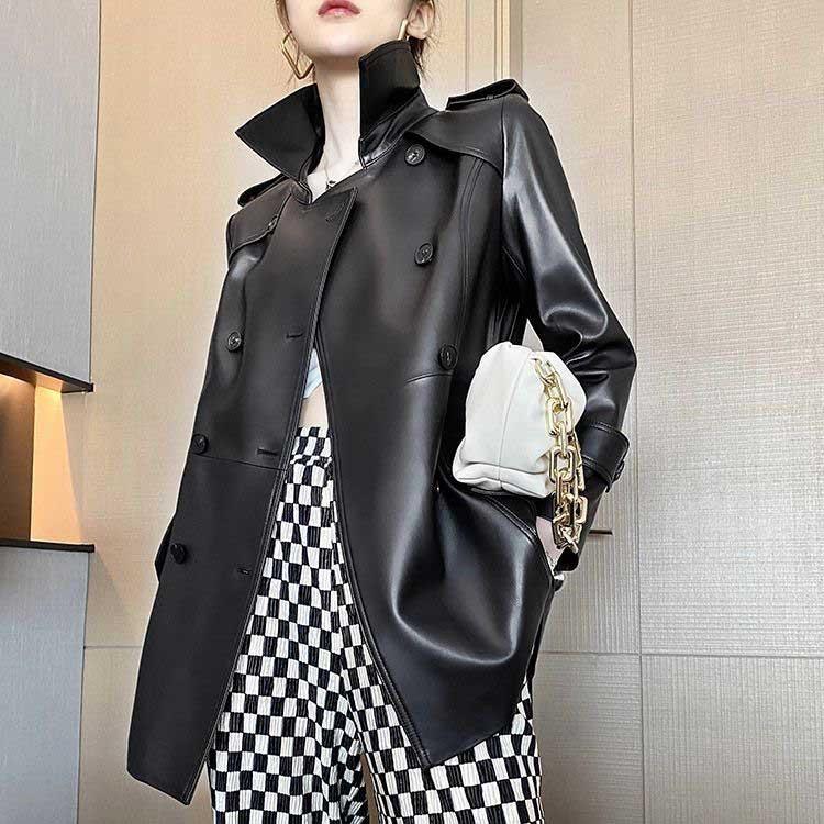 ベルト付き ラムレザージャケットコート ミドル丈 トレンチ レディース