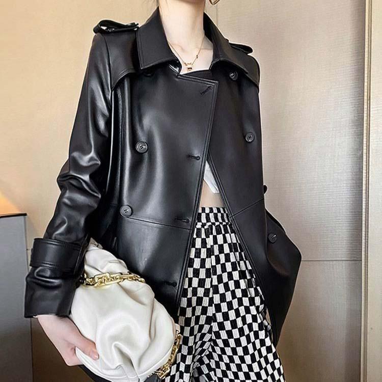 ベルト付き ラムレザージャケットコート ミドル丈 トレンチ レディース