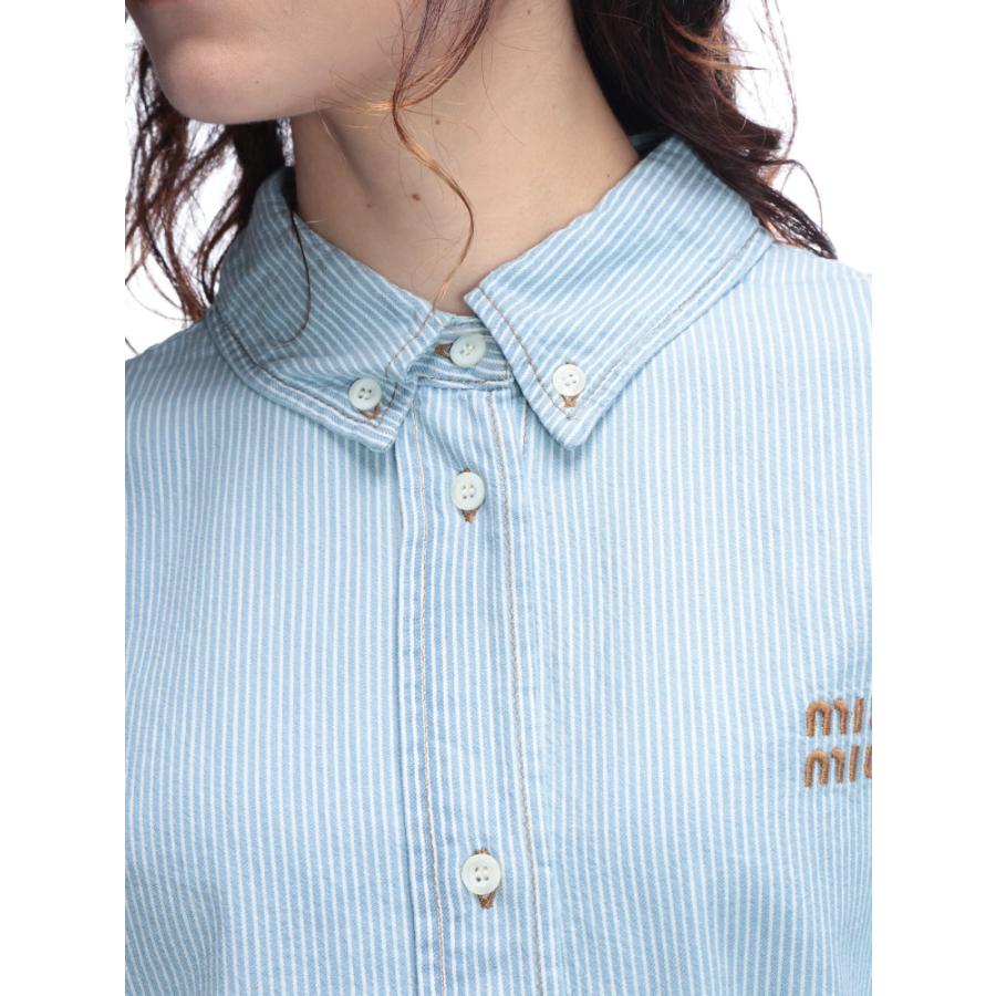 miu miu（ミュウミュウ） ロゴ刺繍 ストライプ 長袖 クロップドシャツ