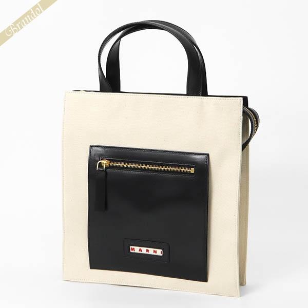 MARNI（マルニ） トートバッグ コットン 縦型トート ブラック×ホワイト