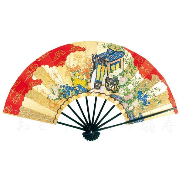 舞扇子 日本舞踊、踊り用 29cm 両面金砂子風、御所車 裏は桜 黒塗骨 京