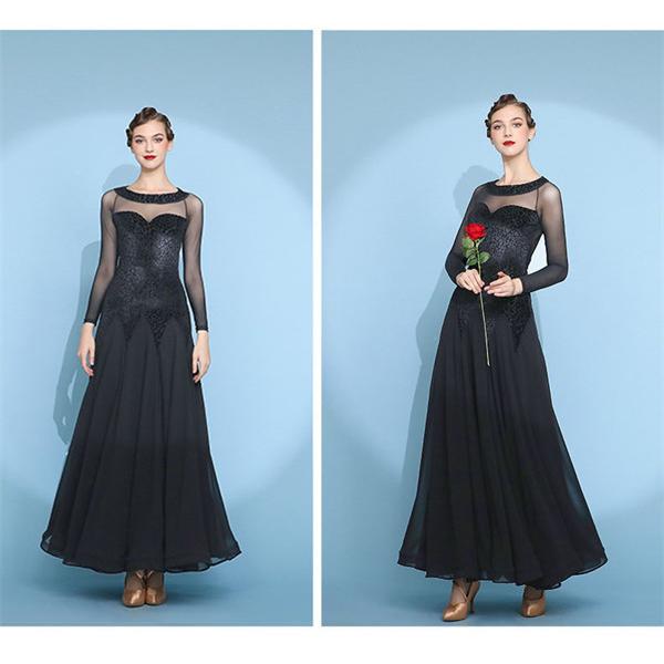 社交ダンス ワンピース モダンドレス 黒 大きいサイズ 長袖 社交ダンス