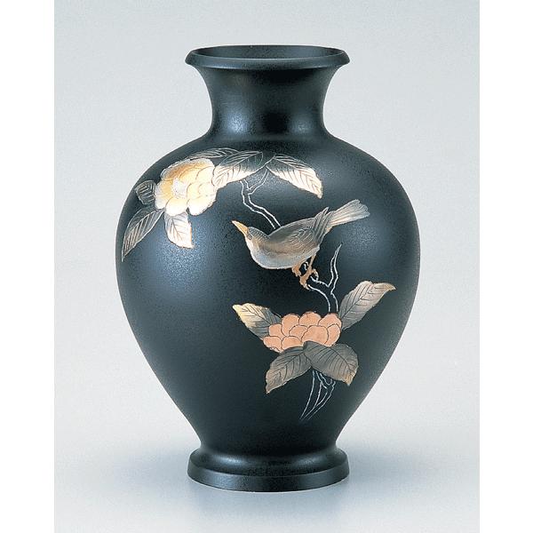 高岡銅器 銅製花瓶 福寿 木瓜に鳥 10号 美術工芸品 記念品 花活 : 日本