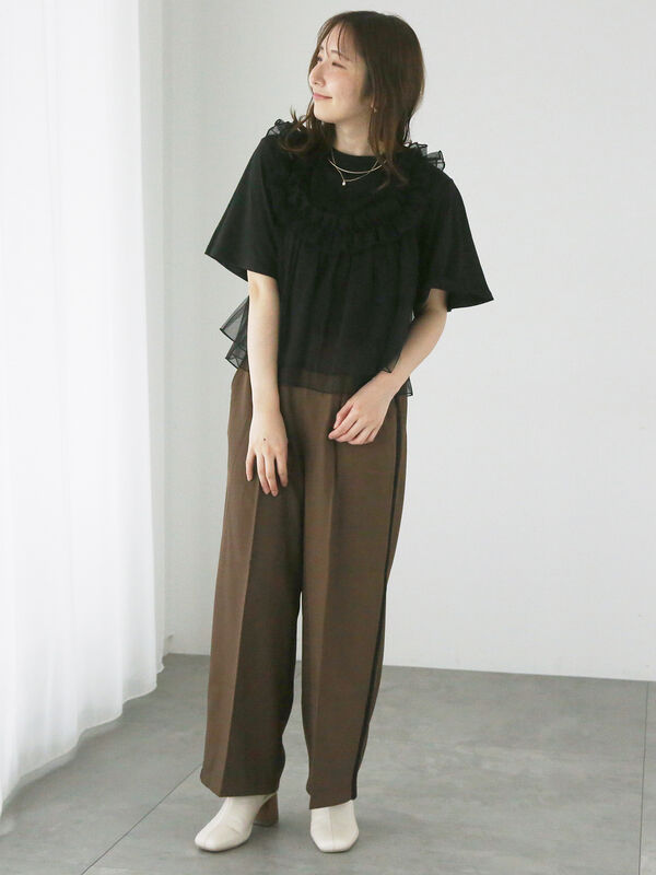 チュールビスチェドッキングトップス（オフホワイト/チャコールグレー