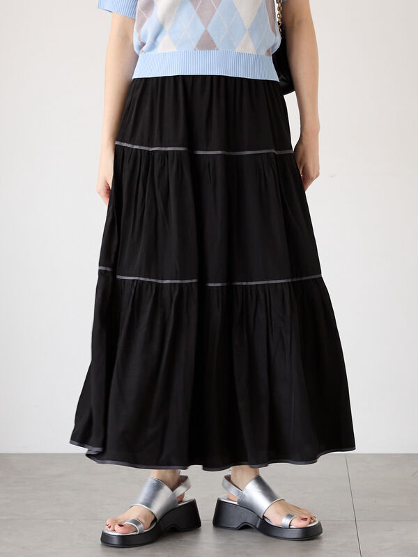 セール】 パイピングティアードスカート（オフホワイト/ブラック/モカ