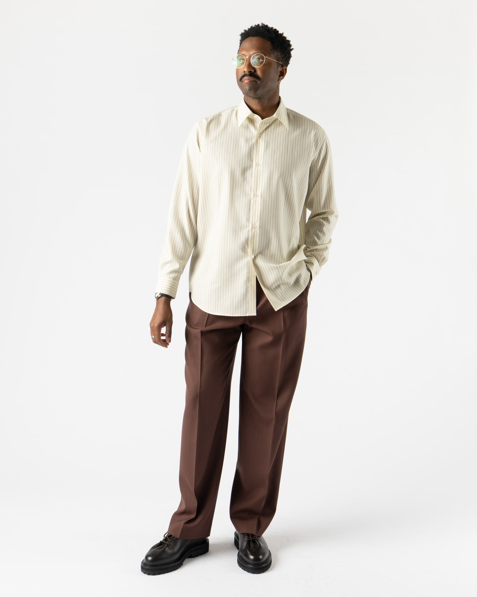 Auralee Super Fine Wool Stripe Shirt in Ivory Stripe Curated at