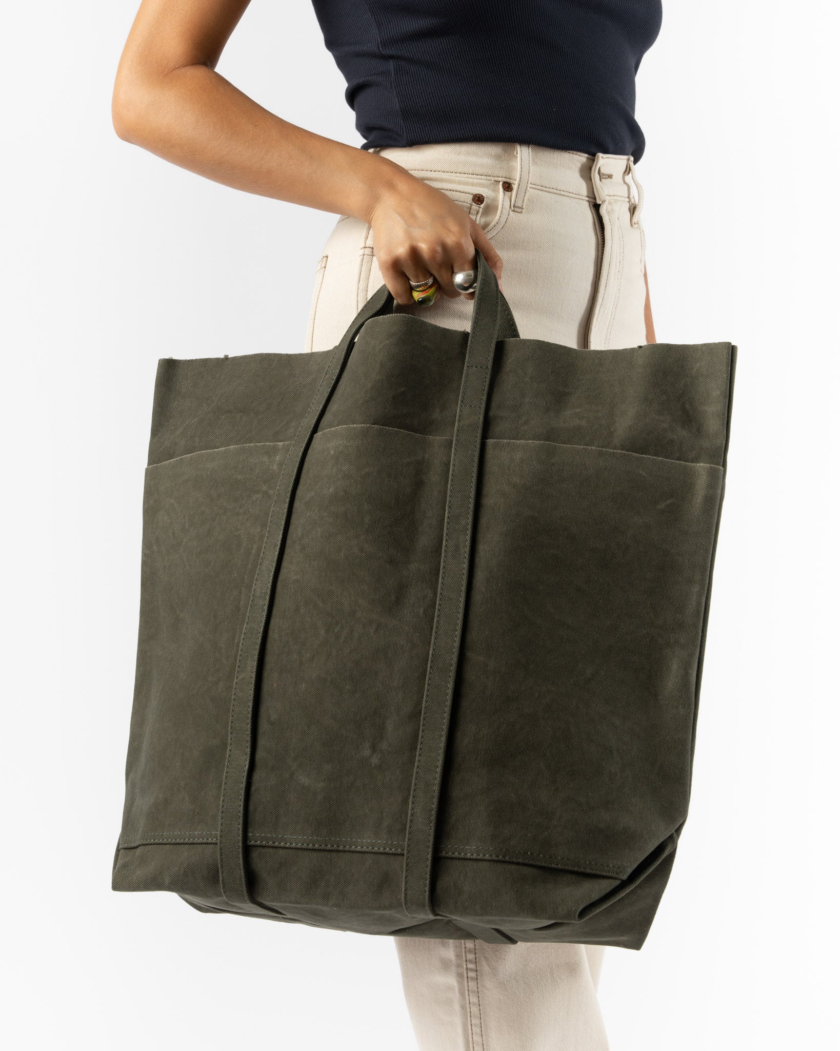 Amiacalva Washed Canvas Tall 6 Pockets Tote in Olive Curated at
