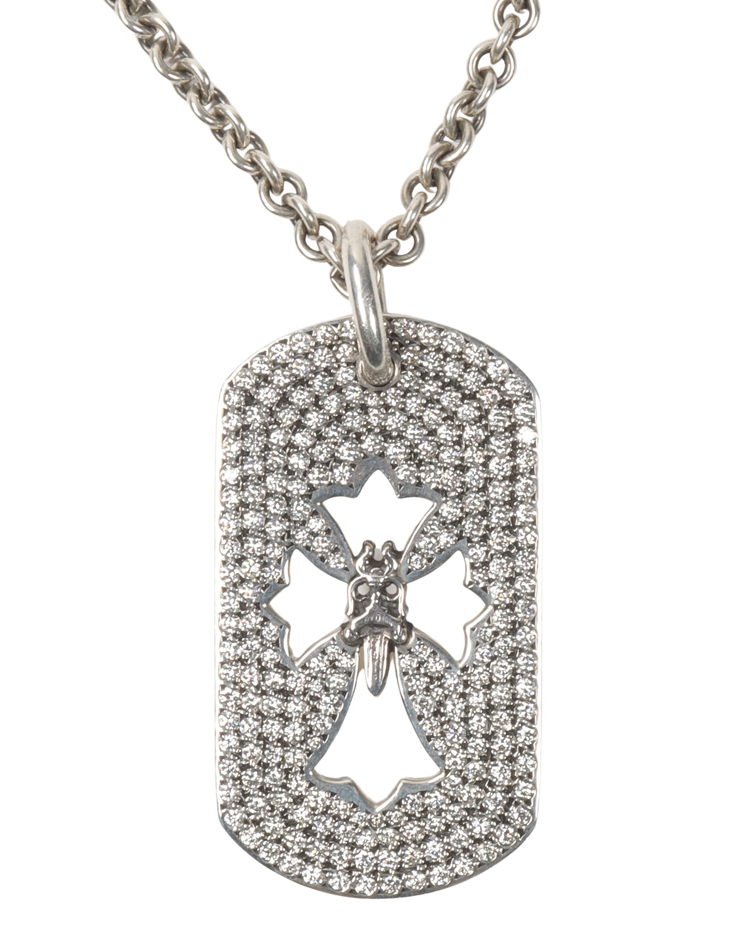 Chrome Hearts Silver & Diamond Cross Dog Tag Pendant w/ Chain