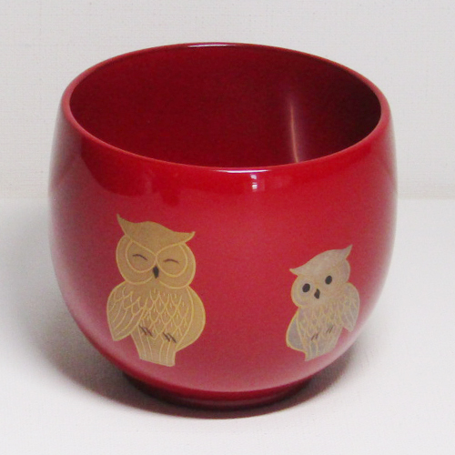 輪島塗 フリーカップ -ふくろう(2羽)の蒔絵仕上げ- [内外面とも朱色