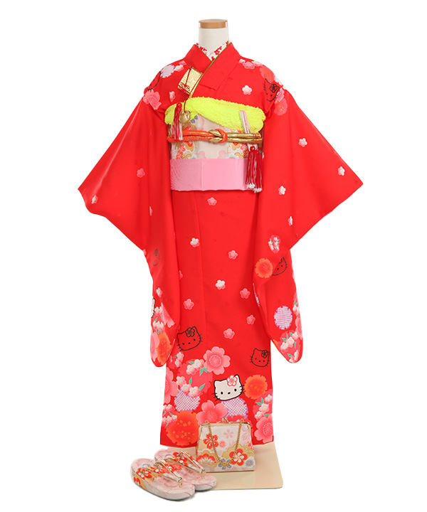 七五三(七歳女の子)着物レンタル｜キティちゃん柄赤色着物×白作り帯
