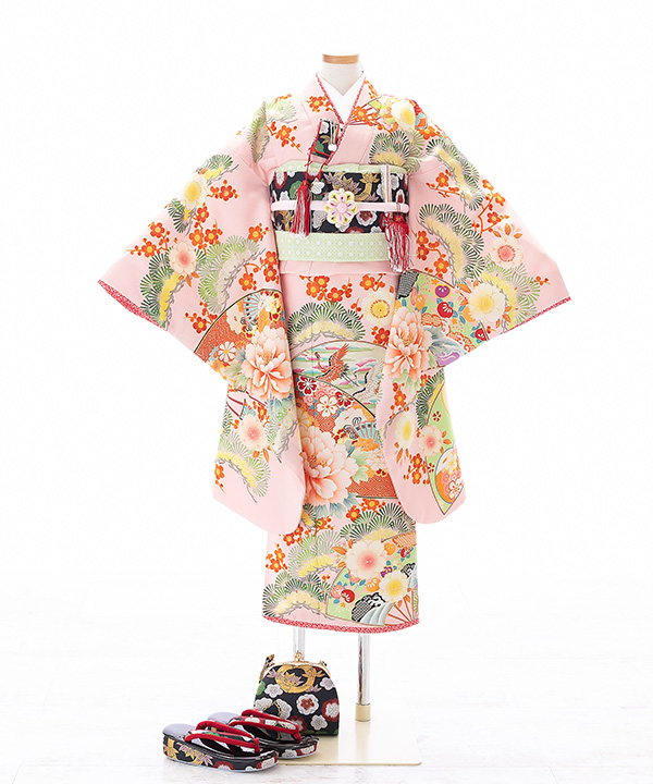 七五三(七歳女の子)着物レンタル｜【乙葉】ピンクに扇と松梅柄着物