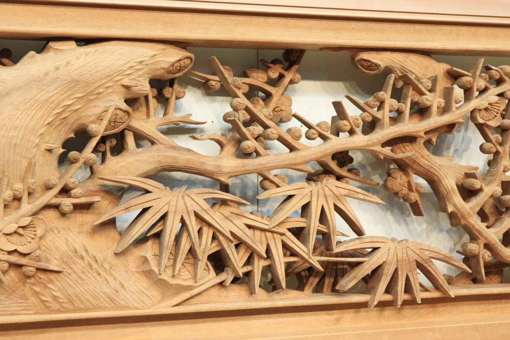 長尺サイズ!! 縁起良い松竹梅を描く深彫り彫刻欄間 EZ1565ab 在庫(a:0