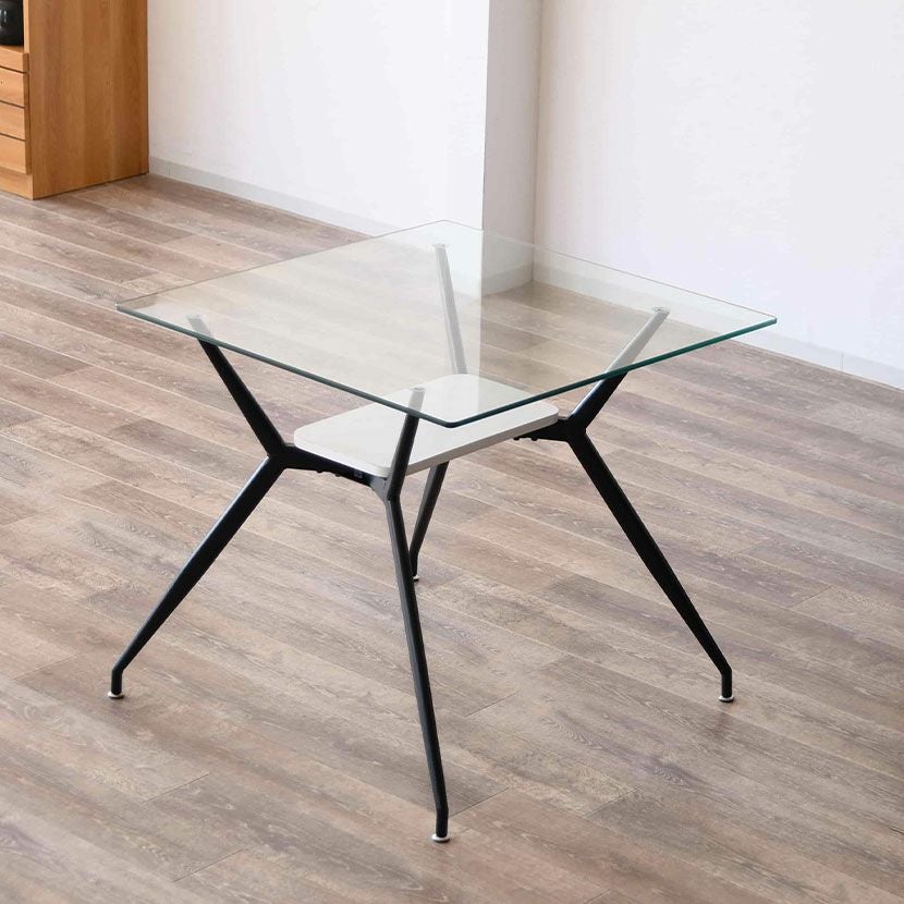 幅80cm ガラス ダイニングテーブル スチール脚 ガラス天板 正方形