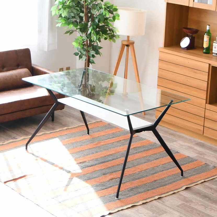 幅140cm ガラス ダイニングテーブル スチール脚 ガラス天板 長方形