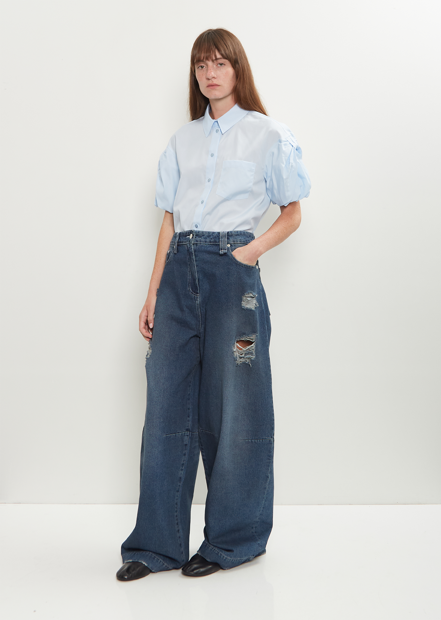Distressed Wide Leg Puddle Jeans — Distressed Blue – La Garçonne