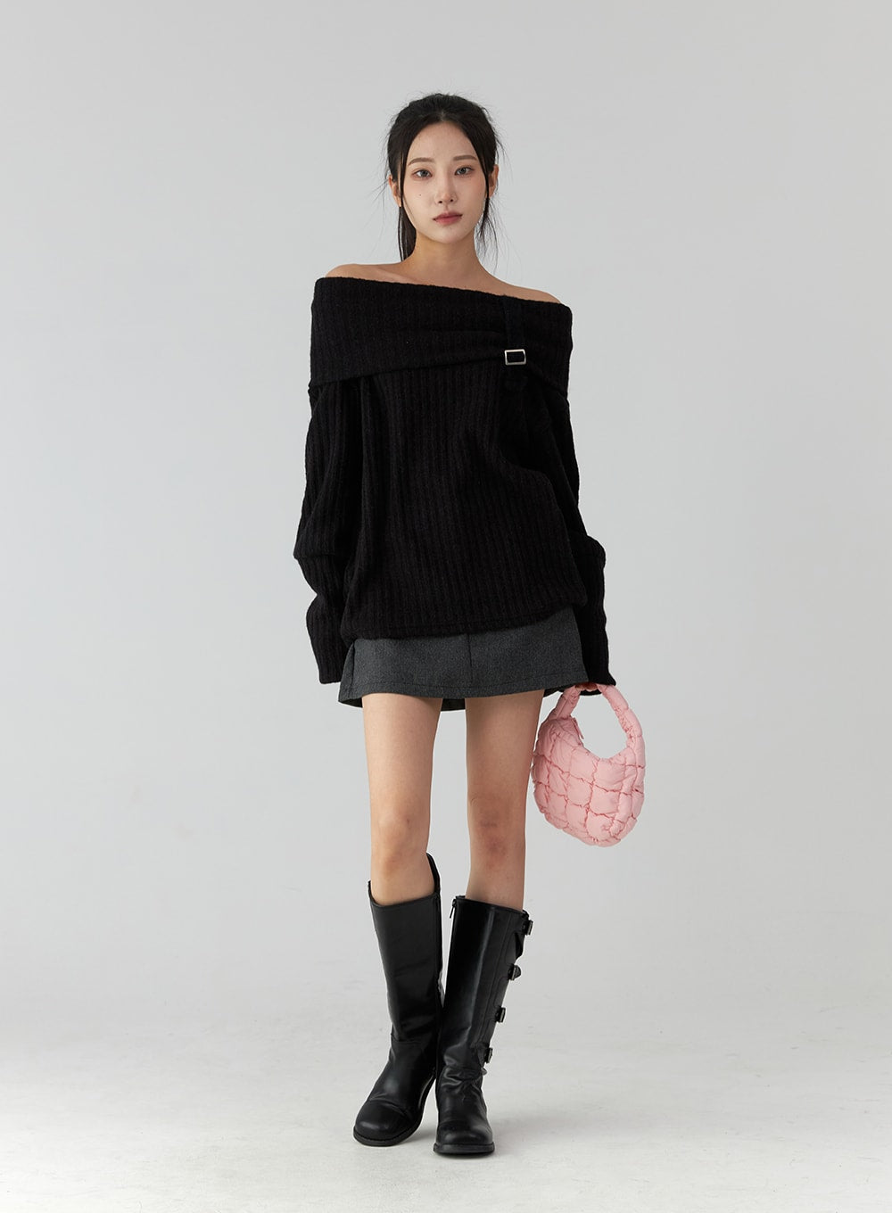 Off-Shoulder Buckle Knit Sweater CD322 - Korean Women's Fashion