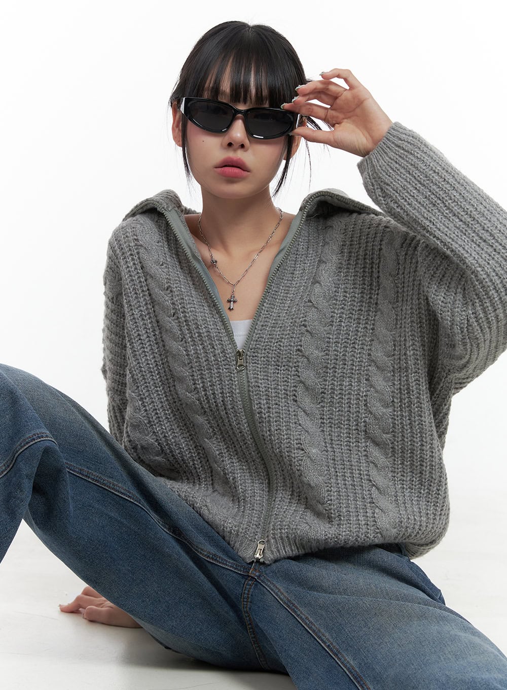 Oversized Cable Knit Zip-Up Sweater OS410 - Korean Women's Fashion