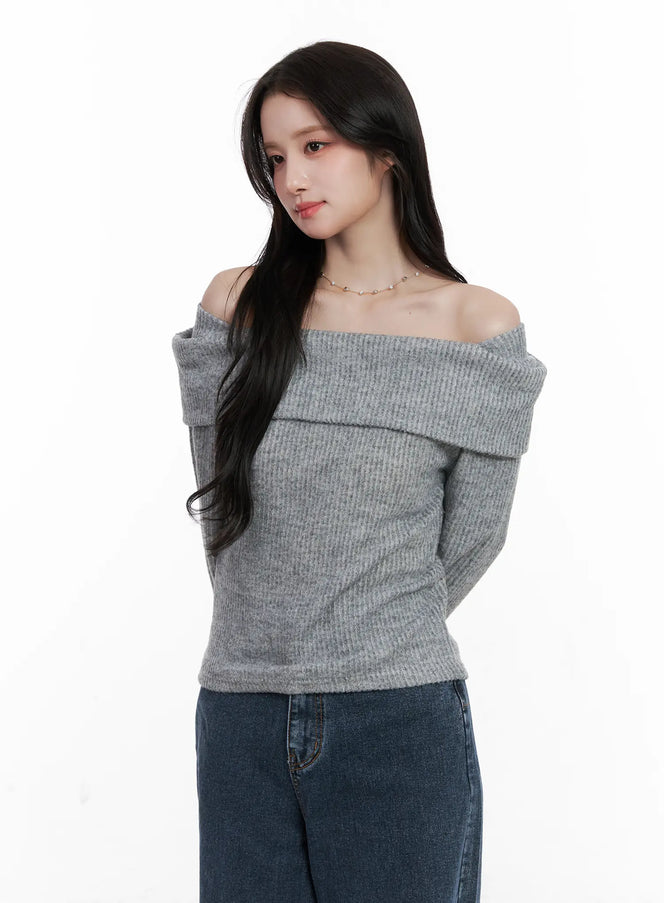 Ribbon Off-Shoulder Knit Long Sleeve Top IF520 - Feminine style