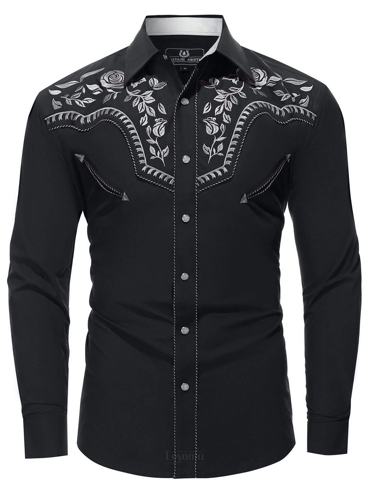 Men's Black & Silver Rose Embroidered Western Pearl Snap Cowboy