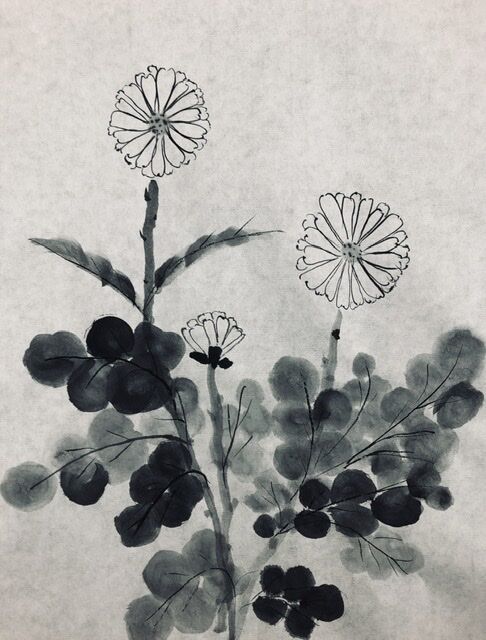水墨画で四君子の菊を描く （補講のプライベートレッスン）Sumi-e