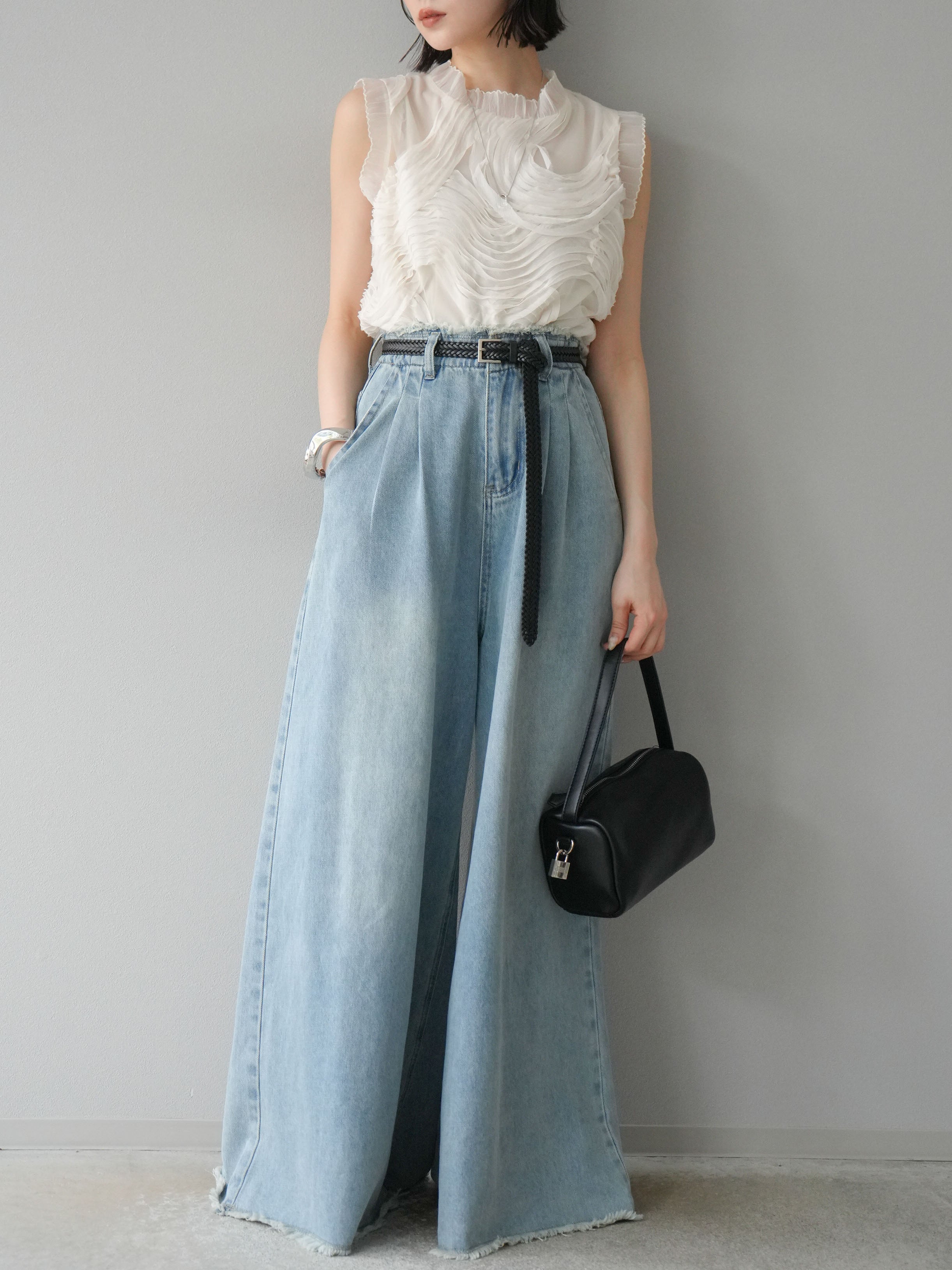 予約]フリンジハイウエストワイドデニムパンツ/ライトブルー – Lumier