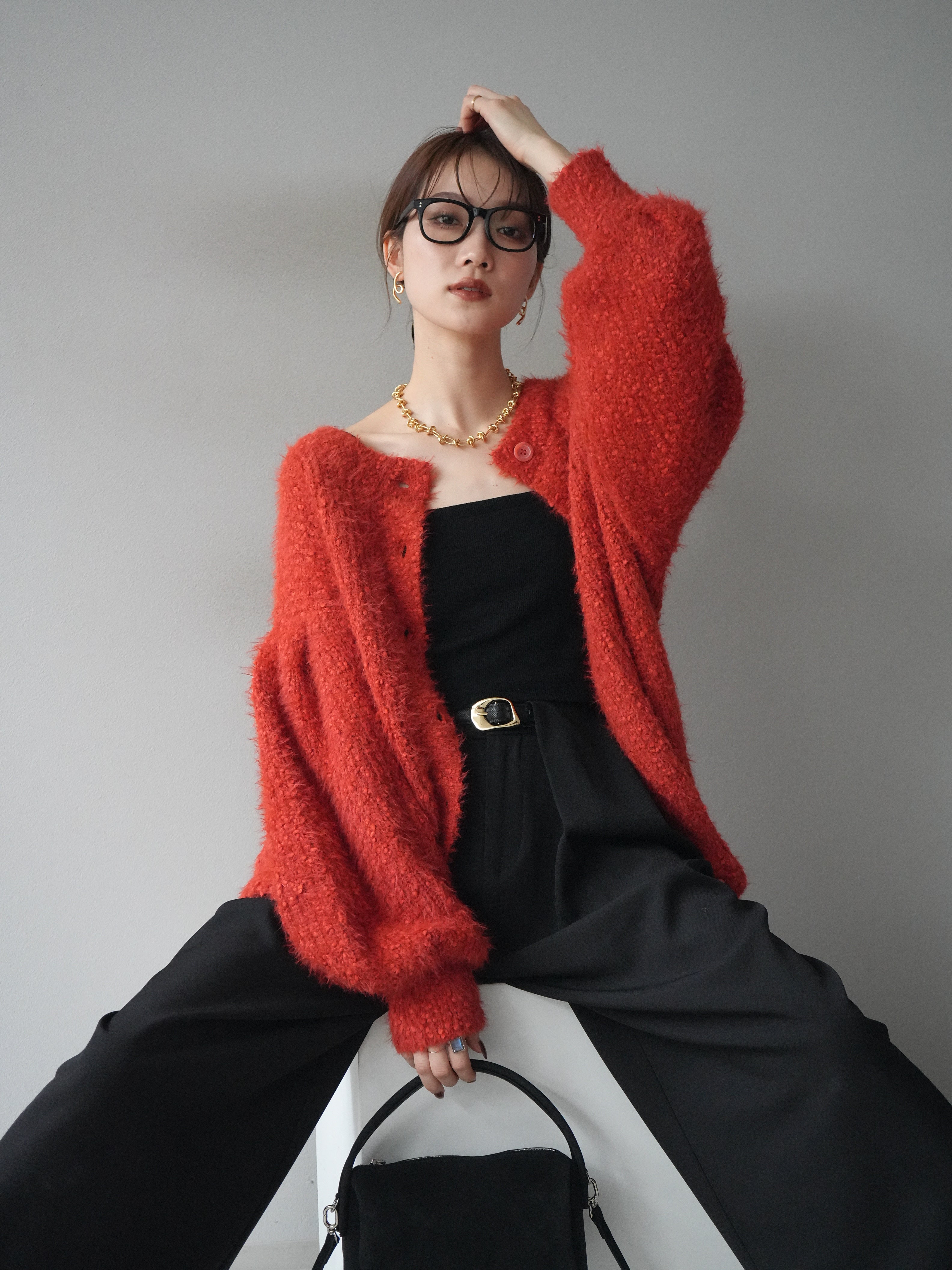 予約]クルーネックランダムシャギーカーディガン/レッド – Lumier