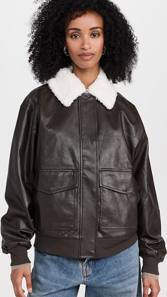 WAYF Faux Leather Bomber Jacket with Removable Shearling Collar