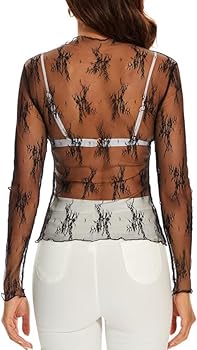 Mesh Top for Women Long Sleeve See Through Shirt Scoop Neck Sheer