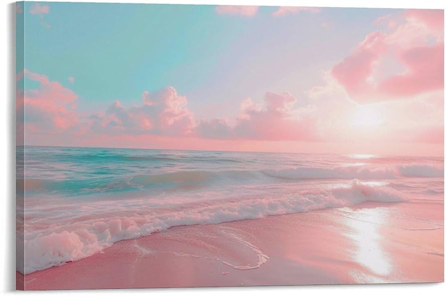 Amazon.co.jp: 絵画 ピンクの背景のビーチインテリア 絵画 美しい海の