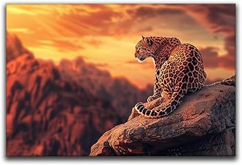 Amazon.co.jp: ヒョウキャンバスプリント、野生動物の壁アート、夕日の