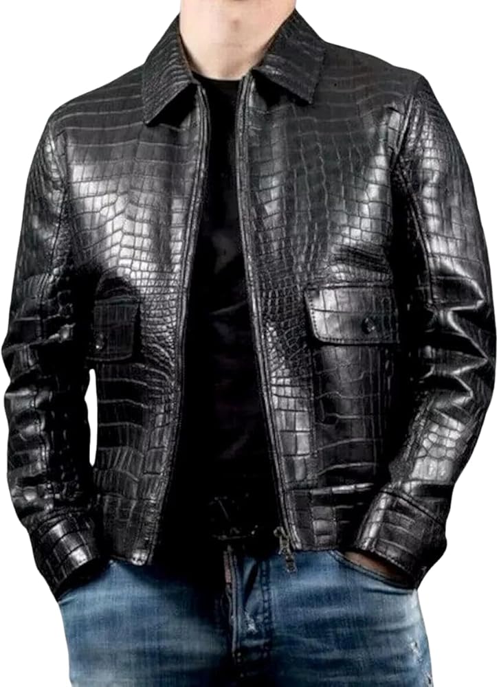 Mens Real Leather Crocodile Embossed Jacket (US, Alpha, 3X-Small